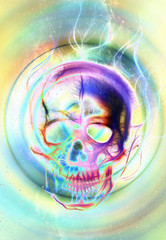 Skull and fractal effect. Color background, computer collage.