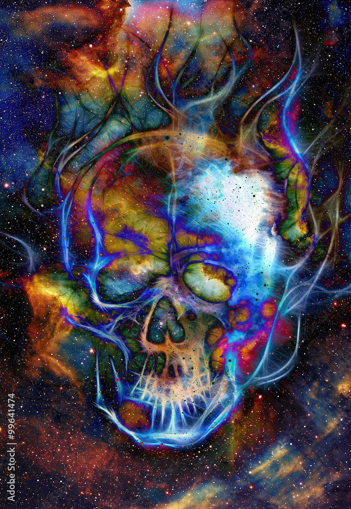 Poster skull and fractal effect. color space background, computer collage. elements of this image furnished