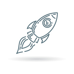 Conceptual rocket flying icon. Space Rocket flying sign. Spaceship symbol. Thin line icon on white background. Vector illustration.
