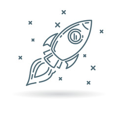 Conceptual rocket flying icon. Spaceship in flight sign. Rocket flying symbol. Thin line icon on white background. Vector illustration of rocket flying through space with stars.