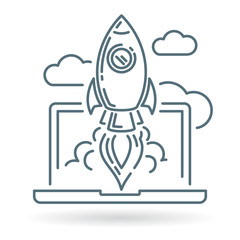 Conceptual rocket launch icon. Spaceship with laptop and clouds sign. Rocket take-off symbol. Thin line icon on white background. Vector illustration of rocket ship launching.