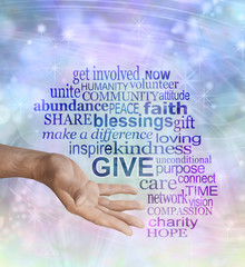 Please give what you can - Male hand gesturing to give surrounded by a word cloud associated to giving on a multicolored sparkly ethereal energy formation background 