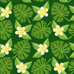 Obraz premium seamless tropical leaves and flowers - monstera and plumeria