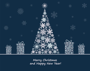 Naklejka na ściany i meble Christmas decoration with fir tree and gift boxes.