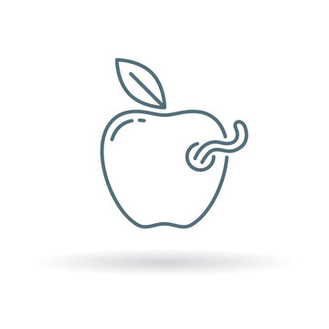 Rotten apple icon. Worm in apple sign. Bad apple symbol. Thin line icon on white background. Vector illustration.