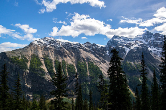 landscape of the rocky mountains of alberta canada during a sunny day in the banff national park