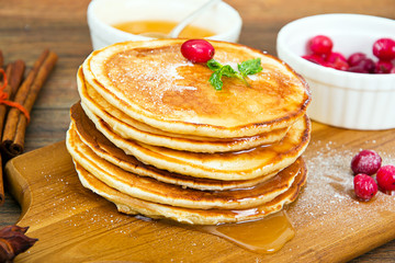 Tasty Pancakes with Cranberry and Honey Stack