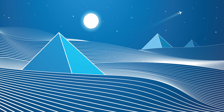 White lines, sand dunes, mountains, desert, day and night panorama, pyramid, vector design art
