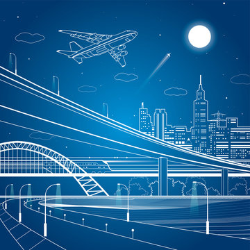 Car overpass, city infrastructure, urban plot, plane takes off, train move, vector design art