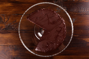 Delicious chocolate cake. Top view.