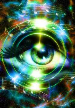 Woman Eye and cosmic space with stars and circle light.  abstract color background, eye contact.