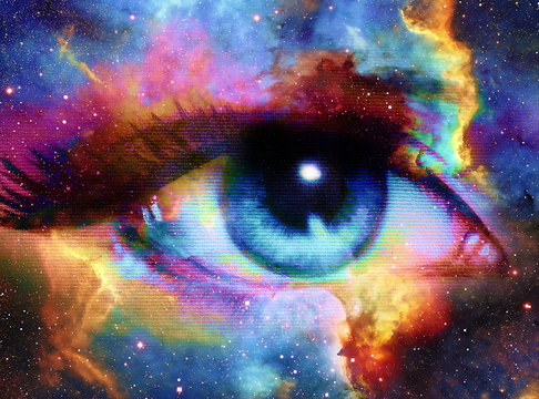 Woman Eye and cosmic space with stars.  abstract color background, eye contact.