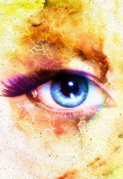 Woman Eye and cosmic space with stars and flash.  abstract color background, eye contact.