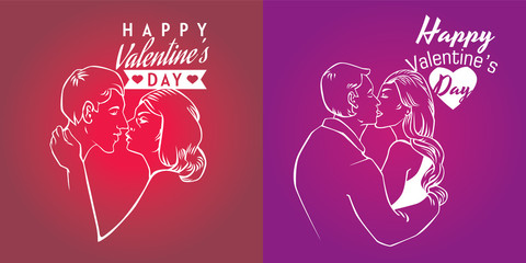 happy valentines day cards with linear style couple illustration