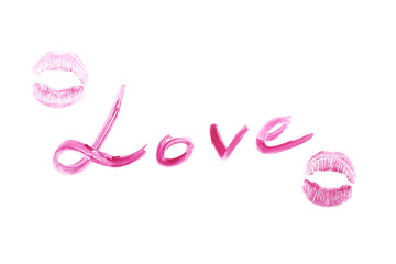 Passion love lips for Saint Valentine's day on white background. Bright lipstick traces. Handmade font.