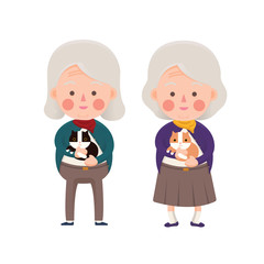 Vector Illustration of Two Senior Women Holding Cat, Black and Orange, Cartoon Character