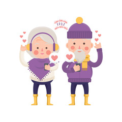 Vector Illustration of Senior Couple with Mobile sending Love Message, winter clothes, for Valentine day