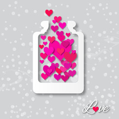 Love bottle jar with hearts inside.Applique Love Jam. Stylized paper cut love hearts - excellent food for valentines day.