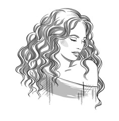 Sketch of a beautiful girl with curly hair. Black and white. Fas