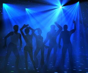 Disco party background with blue light rays and a group of young people dancing. 3d illustration.