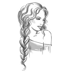 Sketch of a beautiful girl with braid. Black and white. Fashion