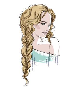 Sketch of a beautiful girl with braid. Fashion illustration