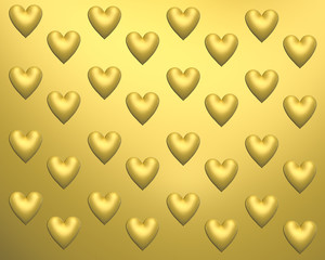Золотые сердца на золотом фоне.  3Д Объем. Фон, текстура к празднику День Святого Валентина