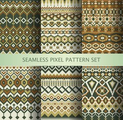 Collection of pixel colorful seamless patterns with stylized Greenland national ornament. Vector illustration.