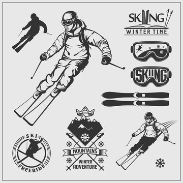 Skiing set. Ski equipment and ski kit. Extreme winter sports.