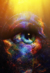 Woman Eye and cosmic space with stars and yellow light, and music speaker silhouette. abstract color background, eye contact, music concept