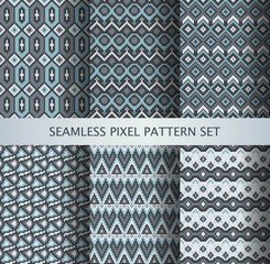 Collection of pixel gray seamless patterns with stylized Greenland national ornament. Vector illustration.
