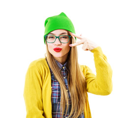 Funny Hipster Girl Going Crazy Isolated on White - 99651454