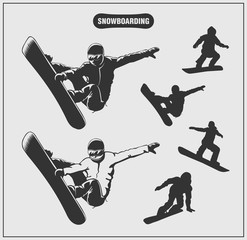 Collection of snowboarding labels, emblems, badges and silhouettes of snowboarders.