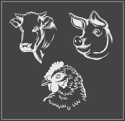 Heads of farm animals. Cow, pig and chicken. Vector monochrome design.