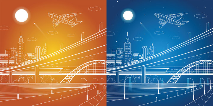 Car overpass, city infrastructure, urban plot, plane takes off, train move, transport illustration, vector design art