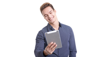 Happy Young Man Using Digital Tablet Isolated On White Backgroun