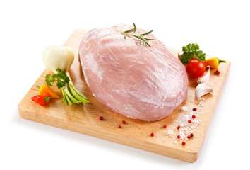 Fresh raw pork on cutting board on white background 