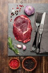 Raw ribeye steak, top view