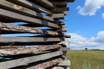Ends of the rough pine boards in the outdoor stack against a blue sky