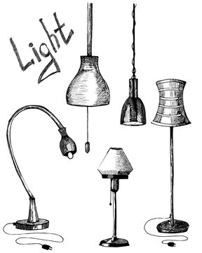 Set of lamps. Hand drawn illustration of lights. Doodle, sketch style of lights. Lamp pencil line.
Interior objects 