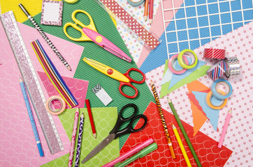 Arts and craft supplies. Color paper, pencils, different washi tapes, craft scissors. - obrazy, fototapety, plakaty