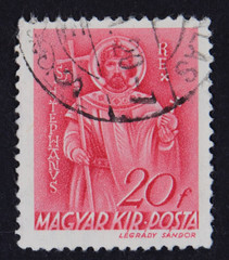 HUNGARY - CIRCA 1958: A stamp printed in Hungary shows image of Saint Stephanus, series, circa 1958