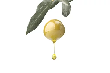 Foto op Plexiglas A drop of olive oil falling from one green olive on a white © Orlando Bellini