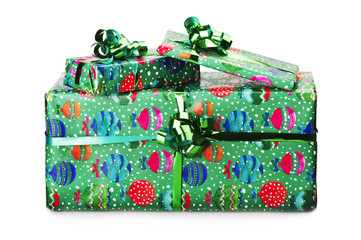 Big giftbox bounded with green ribbon on white