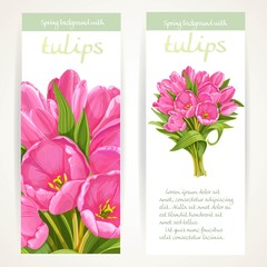 Two vertical spring banners with pink tulips bouquet on a white