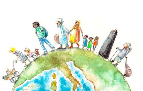 Illustration of people different nationalities going on a Earth.Picture created with watercolors.