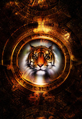 Ancient Mayan Calendar and Tiger head, abstract color Background, computer collage, Eye contact.