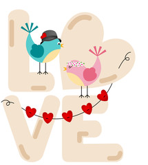 Cute couple birds with love word letters
