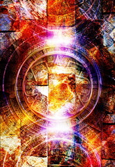 Ancient Mayan Calendar, abstract color Background, computer collage. Wall structure.