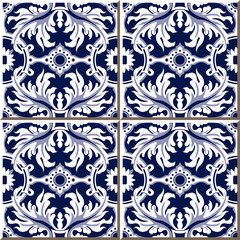 Vintage seamless wall tiles of spiral leaf flower, Moroccan, Portuguese.
